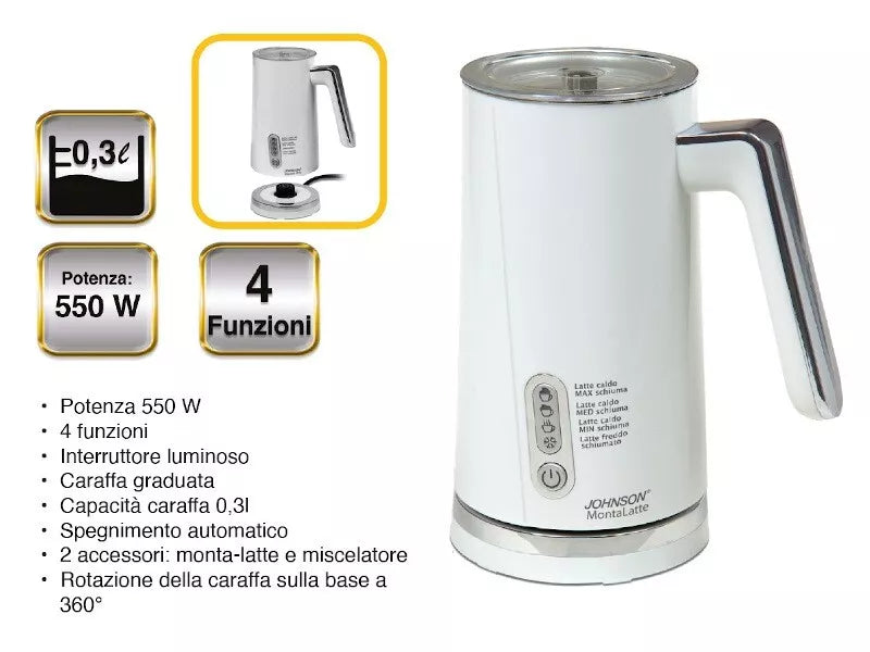 Johnson Montalatte Elettrico 4 in 1 – 550 W, con accessori, capacità 0,3L